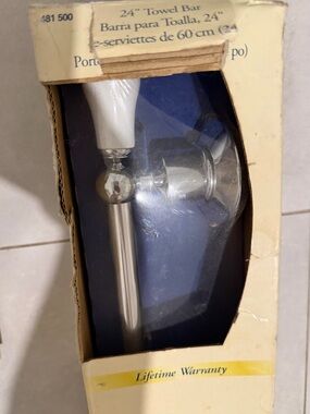 Glacier Bay Norfolk Towel Bar 24" Wall Mount Silver Finish White Knobs NEW